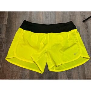 Nike Dri-FIT Womens Running Shorts Neon Yellow Black Zipper Pocket Size S